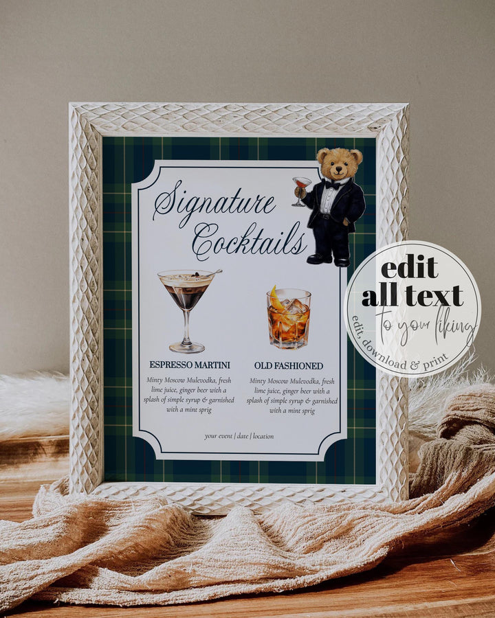Polo Teddy Bear Bar Menu Sign Template, Signature Cocktail Party Printable #068rl - TheLovebirdsDesign