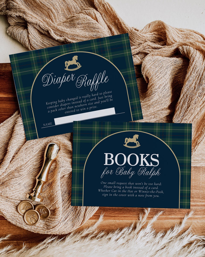 Polo Rocking Horse Baby Shower Invitation Template, Navy Green Plaid Theme #068rl - TheLovebirdsDesign