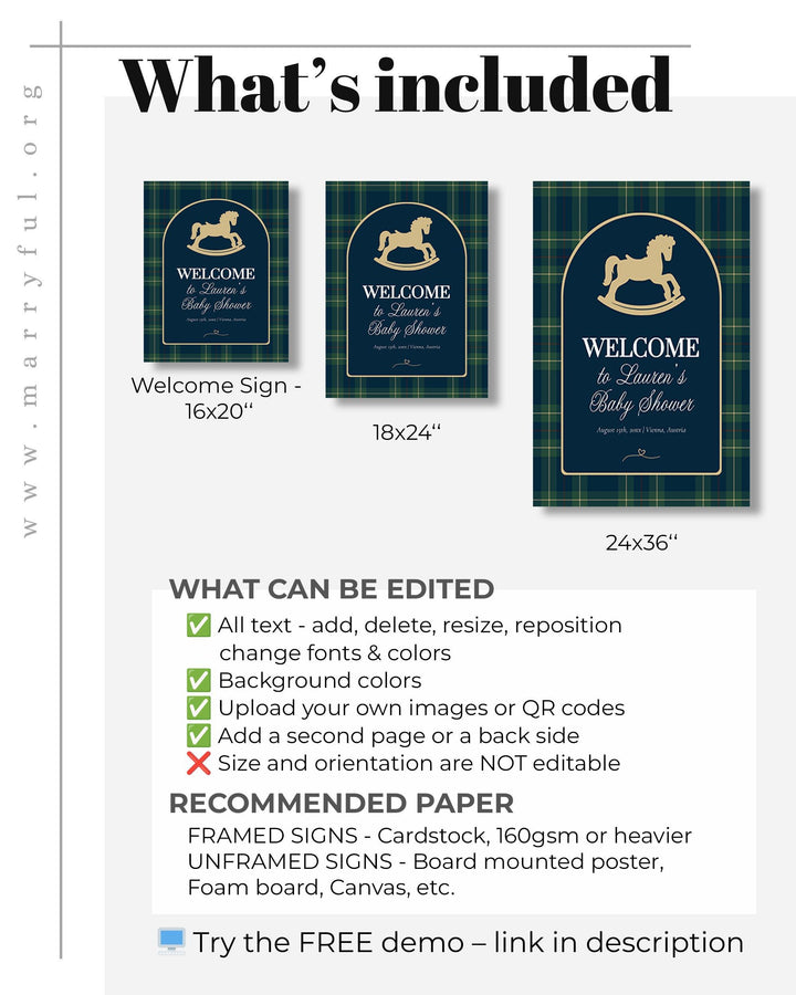 Polo Rocking Horse Baby Shower Welcome Sign Template, Navy Green Gold Theme #068rl - TheLovebirdsDesign