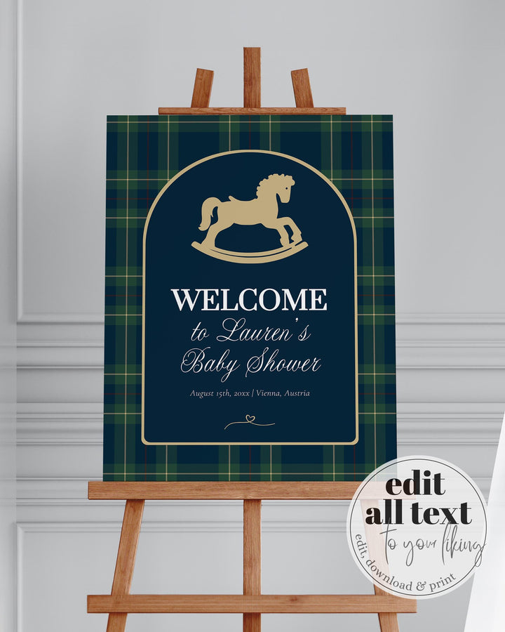 Polo Rocking Horse Baby Shower Welcome Sign Template, Navy Green Gold Theme #068rl - TheLovebirdsDesign