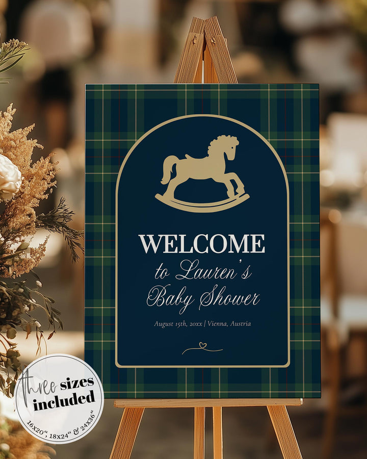 Polo Rocking Horse Baby Shower Welcome Sign Template, Navy Green Gold Theme #068rl - TheLovebirdsDesign
