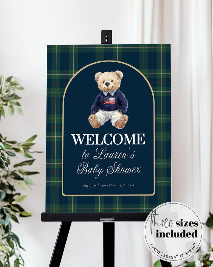 Polo Teddy Baby Shower Welcome Sign Template, Navy Green Luxury Bear Décor #068rl - TheLovebirdsDesign