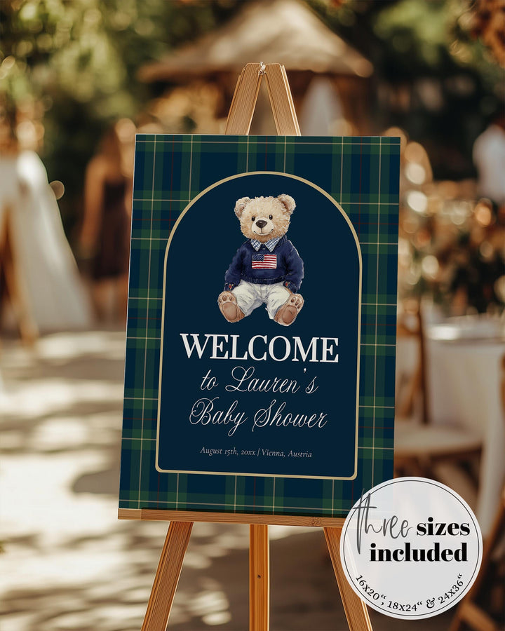 Polo Teddy Baby Shower Welcome Sign Template, Navy Green Luxury Bear Décor #068rl - TheLovebirdsDesign