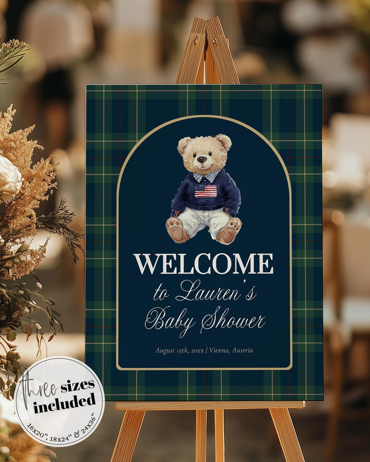 Polo Teddy Baby Shower Welcome Sign Template, Navy Green Luxury Bear Décor #068rl - TheLovebirdsDesign