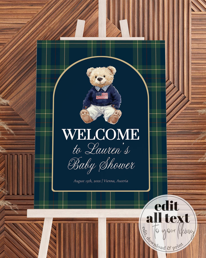 Polo Teddy Baby Shower Welcome Sign Template, Navy Green Luxury Bear Décor #068rl - TheLovebirdsDesign