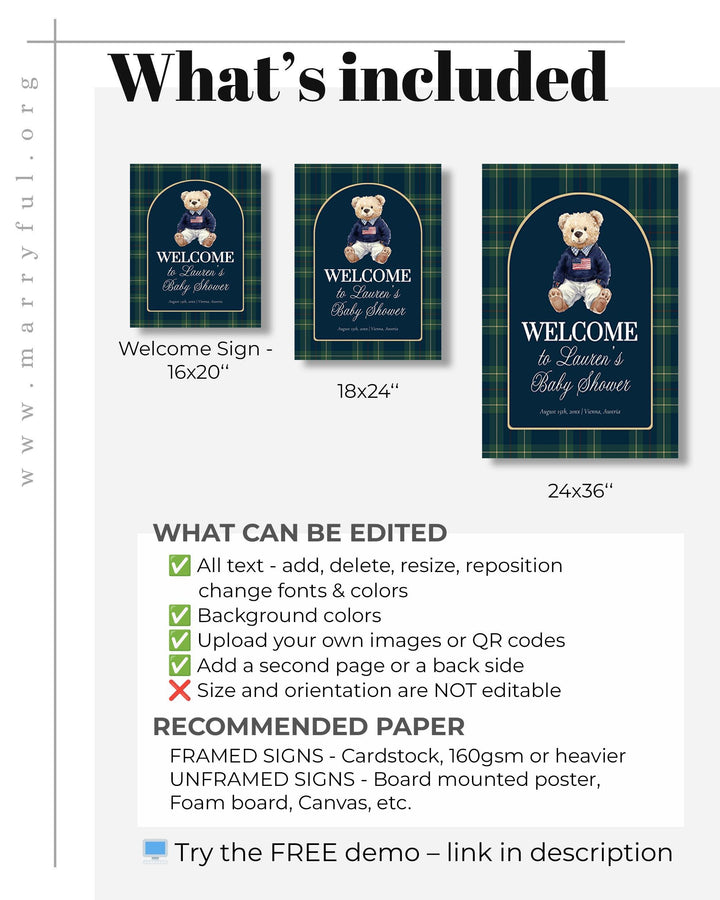 Polo Teddy Baby Shower Welcome Sign Template, Navy Green Luxury Bear Décor #068rl - TheLovebirdsDesign