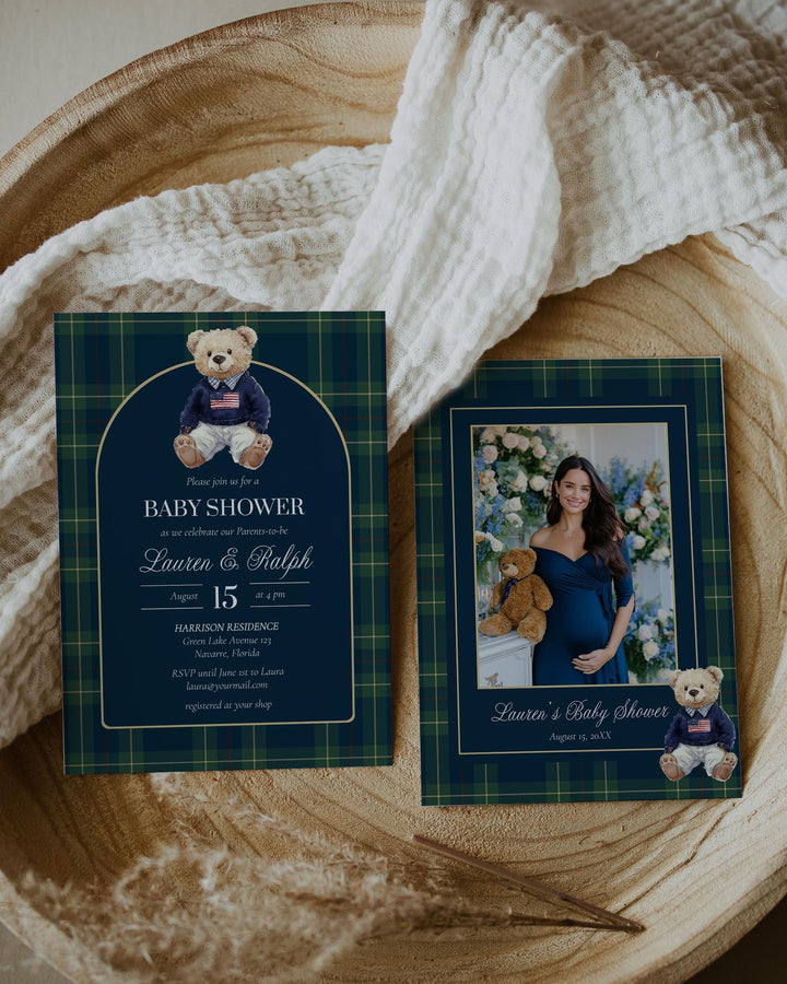 Polo Bear Baby Shower Invitation Template, Vintage Navy Green Plaid Teddy Invite #068rl - TheLovebirdsDesign