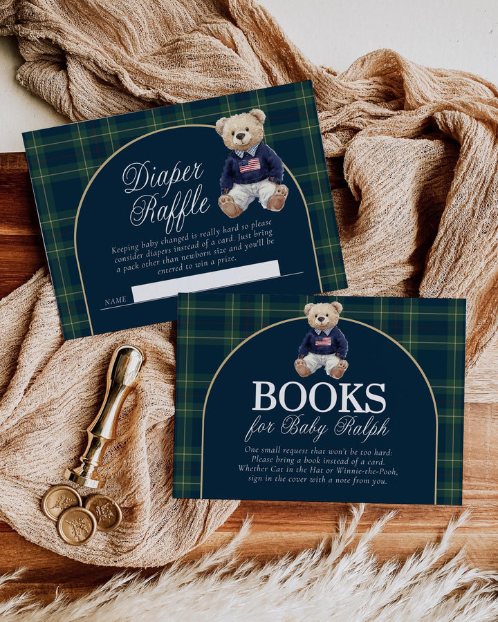 Polo Bear Baby Shower Invitation Template, Vintage Navy Green Plaid Teddy Invite #068rl - TheLovebirdsDesign