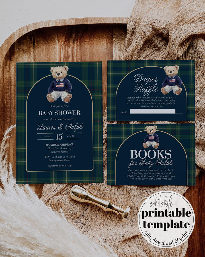 Polo Bear Baby Shower Invitation Template, Vintage Navy Green Plaid Teddy Invite #068rl - TheLovebirdsDesign