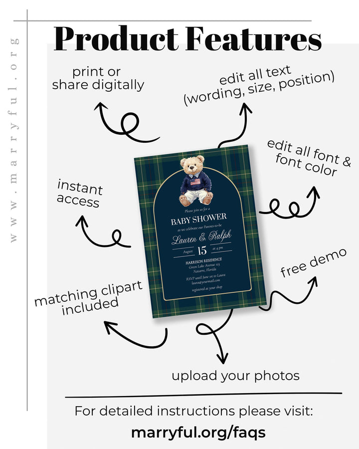 Polo Bear Baby Shower Invitation Template, Vintage Navy Green Plaid Teddy Invite #068rl - TheLovebirdsDesign
