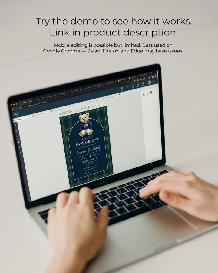 Polo Bear Baby Shower Invitation Template, Vintage Navy Green Plaid Teddy Invite #068rl - TheLovebirdsDesign