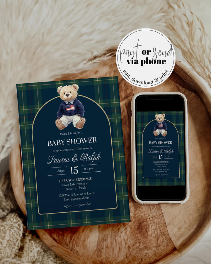 Polo Bear Baby Shower Invitation Template, Vintage Navy Green Plaid Teddy Invite #068rl - TheLovebirdsDesign