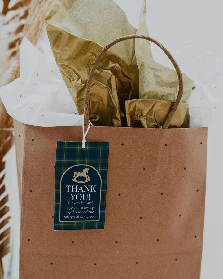 Polo Baby Shower Favor Tag Template, Navy Green Gold Rocking Horse Label Sticker #068rl - TheLovebirdsDesign