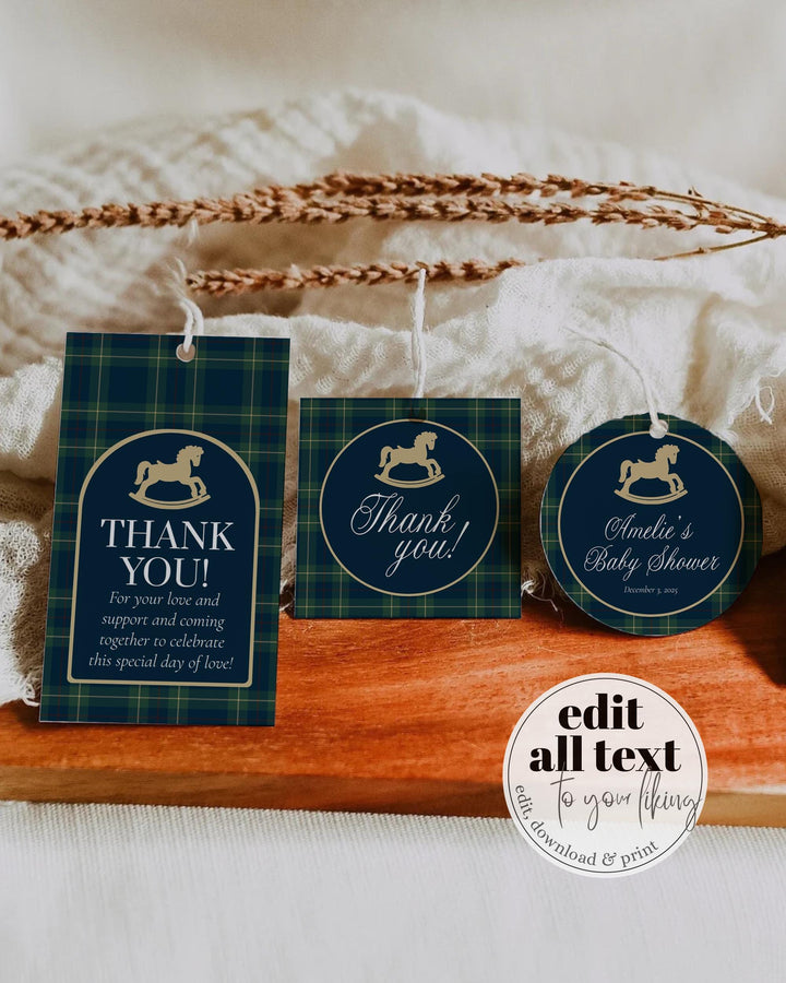Polo Baby Shower Favor Tag Template, Navy Green Gold Rocking Horse Label Sticker #068rl - TheLovebirdsDesign