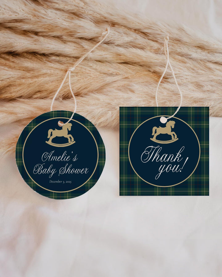 Polo Baby Shower Favor Tag Template, Navy Green Gold Rocking Horse Label Sticker #068rl - TheLovebirdsDesign