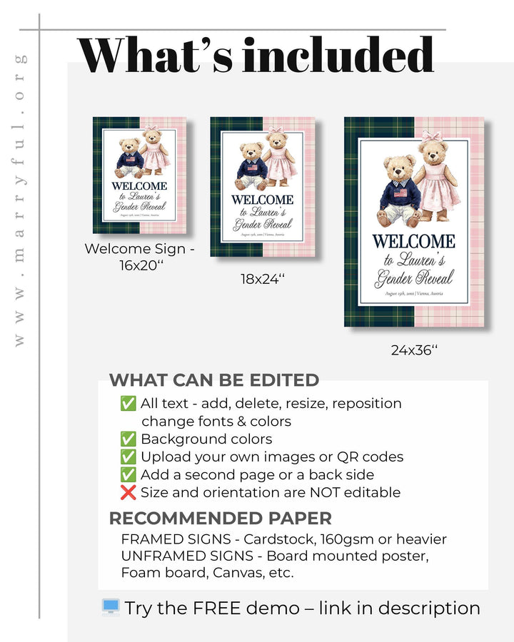 Polo Teddy Gender Reveal Welcome Sign Template, Blue Green & Pink Plaid Baby Shower Sign Printable #068rl - TheLovebirdsDesign