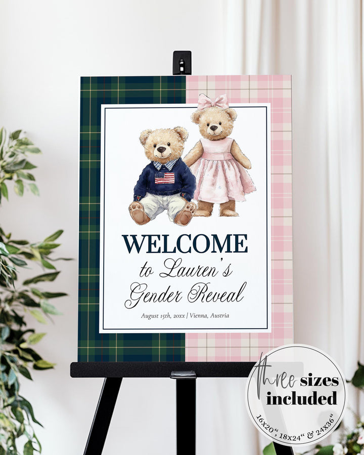 Polo Teddy Gender Reveal Welcome Sign Template, Blue Green & Pink Plaid Baby Shower Sign Printable #068rl - TheLovebirdsDesign