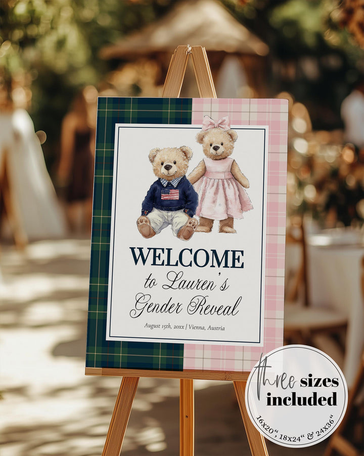 Polo Teddy Gender Reveal Welcome Sign Template, Blue Green & Pink Plaid Baby Shower Sign Printable #068rl - TheLovebirdsDesign