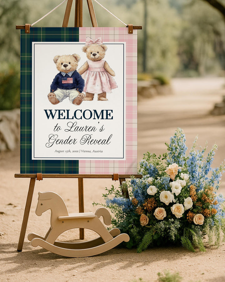 Polo Teddy Gender Reveal Welcome Sign Template, Blue Green & Pink Plaid Baby Shower Sign Printable #068rl - TheLovebirdsDesign