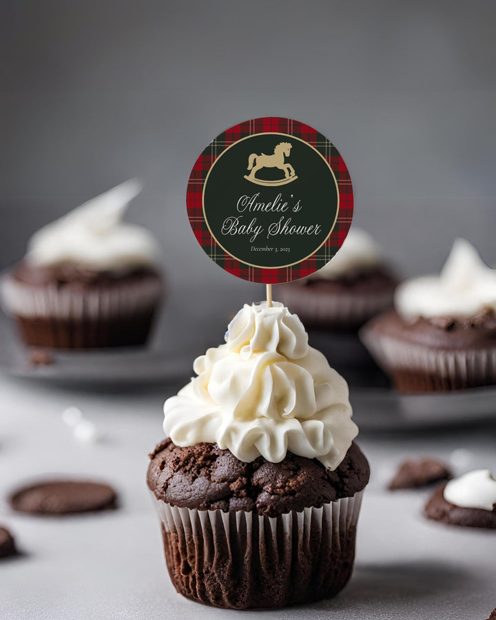 Rocking Horse Gift Tag or Sticker Template, Red Green Plaid Christmas Baby Shower Favor Label #068rh - TheLovebirdsDesign