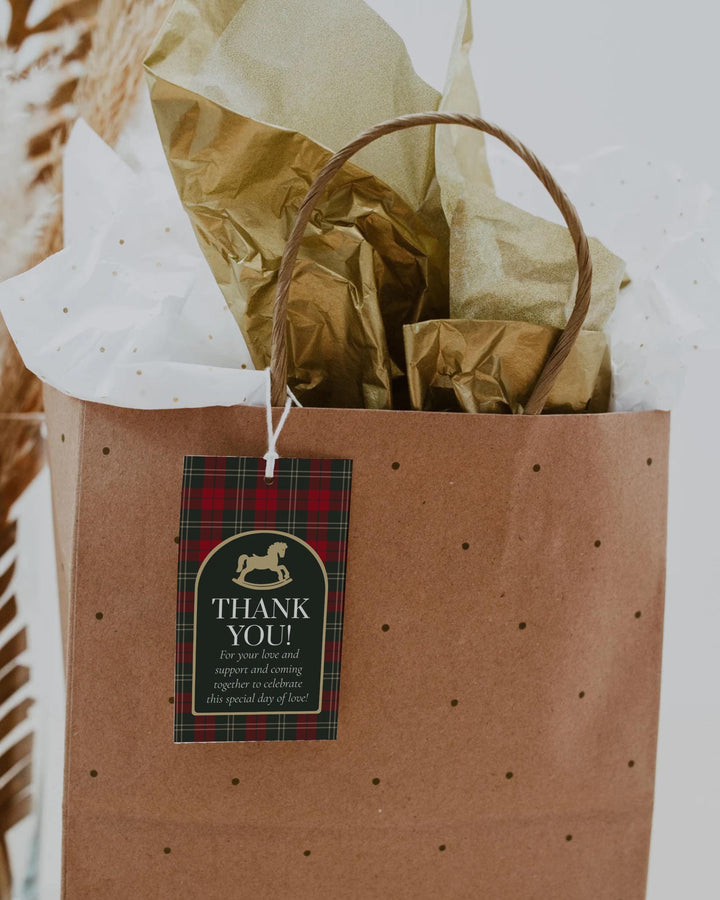 Rocking Horse Gift Tag or Sticker Template, Red Green Plaid Christmas Baby Shower Favor Label #068rh - TheLovebirdsDesign