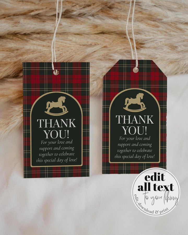 Rocking Horse Gift Tag or Sticker Template, Red Green Plaid Christmas Baby Shower Favor Label #068rh - TheLovebirdsDesign