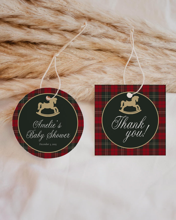 Rocking Horse Gift Tag or Sticker Template, Red Green Plaid Christmas Baby Shower Favor Label #068rh - TheLovebirdsDesign