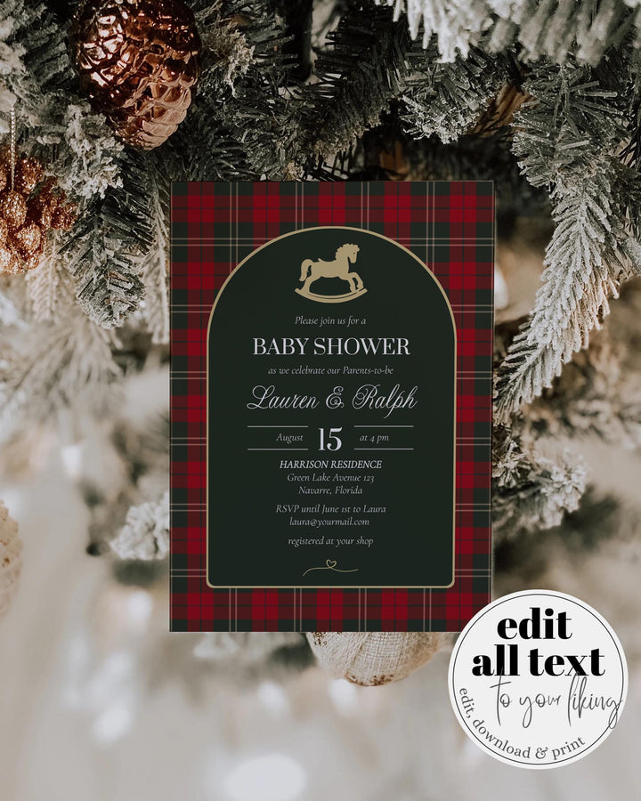 Red and Green Tartan Plaid Baby Shower Invitation Set, Vintage Rocking Horse Christmas Invite Template #068rh - TheLovebirdsDesign