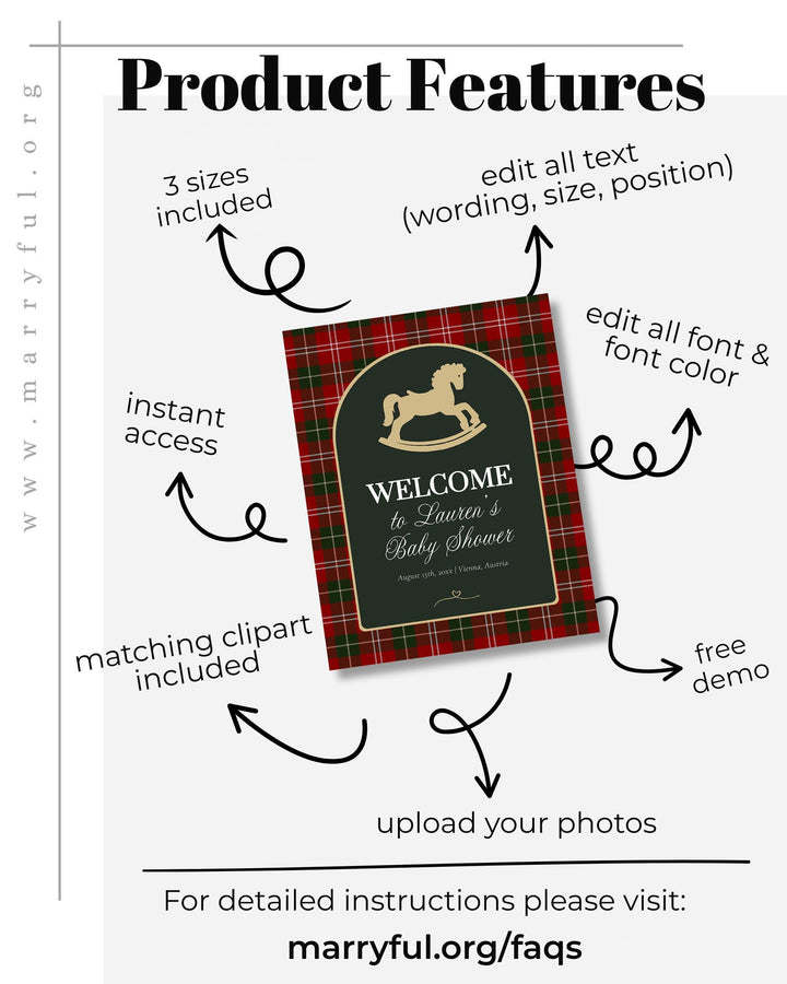 Vintage Rocking Horse Christmas Baby Shower Welcome Sign Template, Red Green Plaid Decoration #068rh - TheLovebirdsDesign