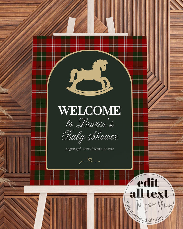 Vintage Rocking Horse Christmas Baby Shower Welcome Sign Template, Red Green Plaid Decoration #068rh - TheLovebirdsDesign