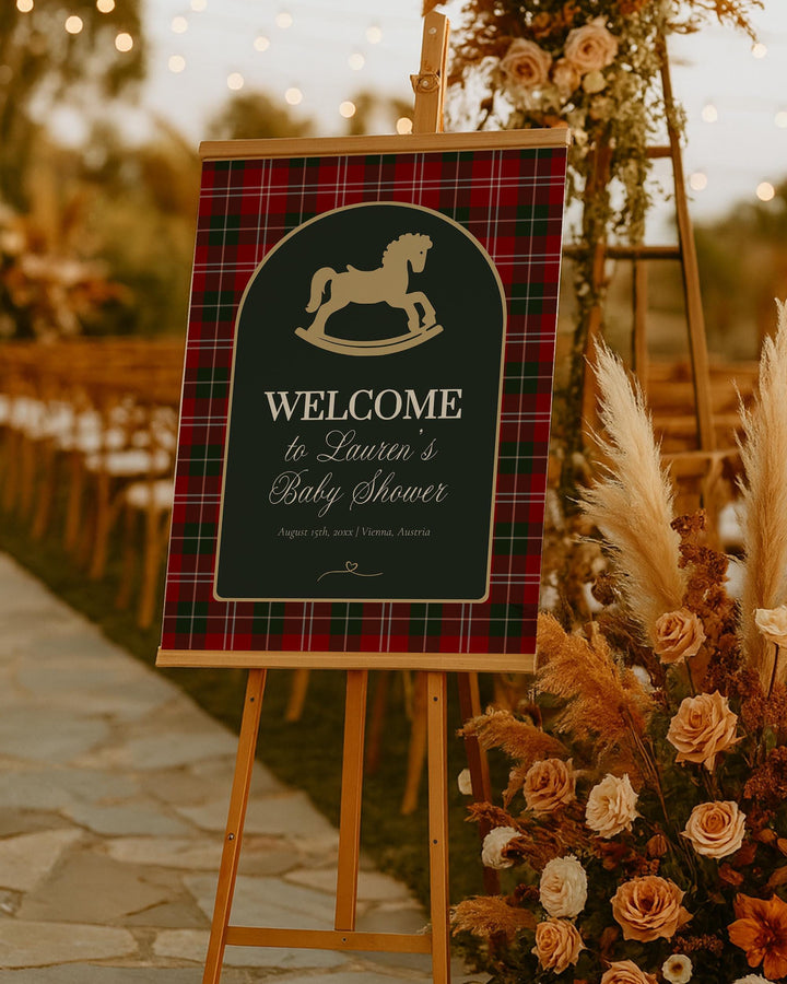Vintage Rocking Horse Christmas Baby Shower Welcome Sign Template, Red Green Plaid Decoration #068rh - TheLovebirdsDesign