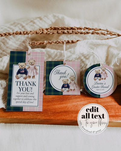 Polo Teddy Gender Reveal Favor Tags Template, Pink Blue Plaid Teddy Labels or Stickers Printable #068rl - TheLovebirdsDesign