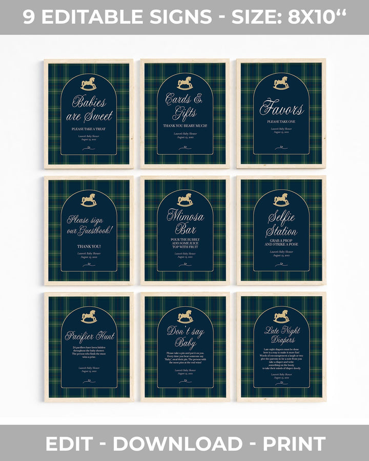 Polo Baby Shower Bundle, Vintage Navy Green Gold Rocking Horse Invitation & Décor Template Set #068rl - TheLovebirdsDesign
