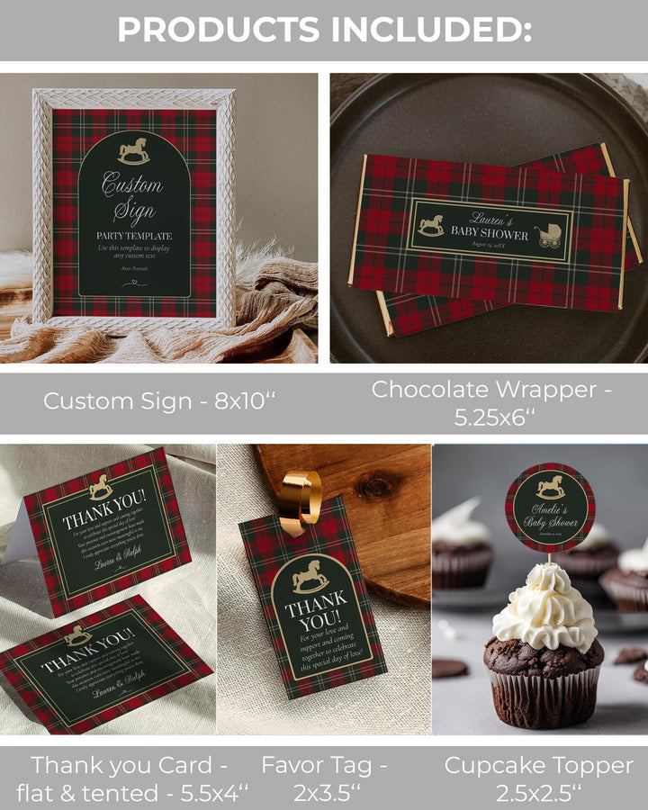 Vintage Rocking Horse Christmas Baby Shower Bundle, Red and Green Tartan Invitation and Decor Templates #068rl - TheLovebirdsDesign