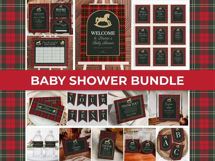 Vintage Rocking Horse Christmas Baby Shower Bundle, Red and Green Tartan Invitation and Decor Templates #068rl - TheLovebirdsDesign