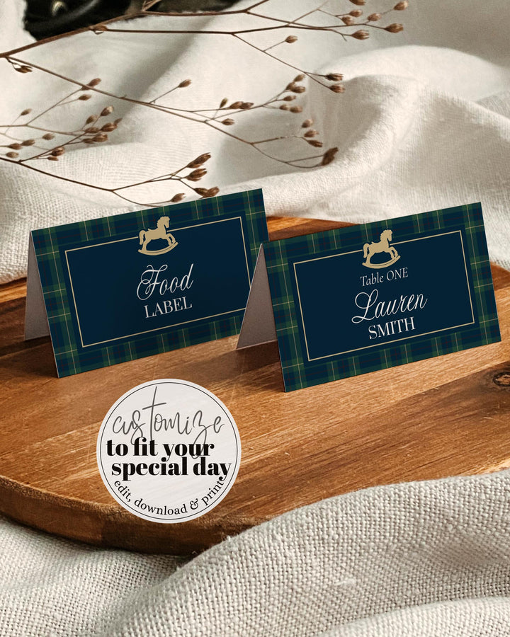 Polo Baby Shower Place Card Template, Navy Green Gold Rocking Horse Name Card #068rl - TheLovebirdsDesign