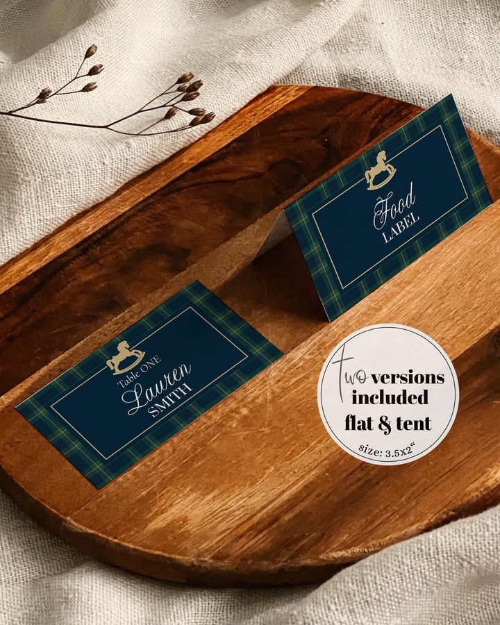 Polo Baby Shower Place Card Template, Navy Green Gold Rocking Horse Name Card #068rl - TheLovebirdsDesign