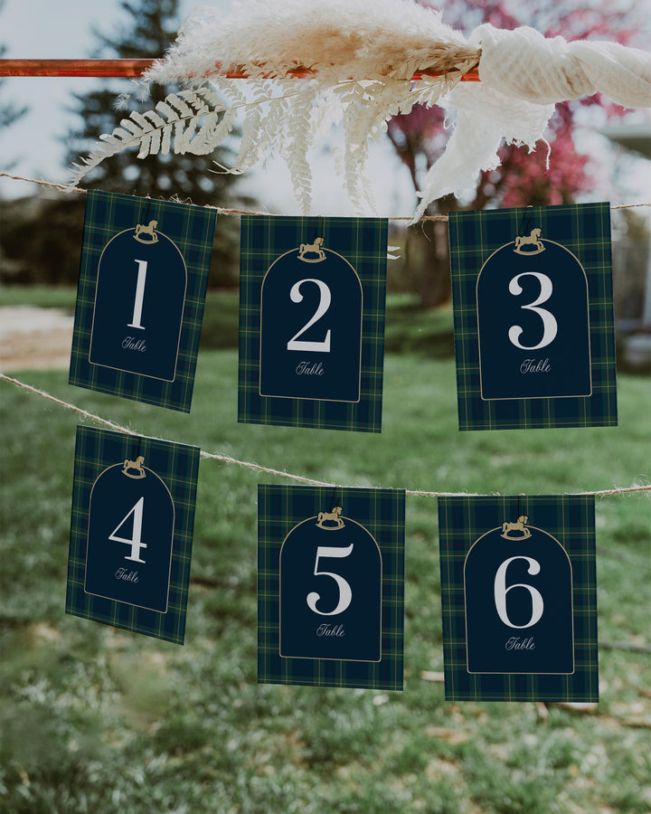 Polo Baby Shower Table Number Template, Vintage Navy Green Gold Rocking Horse Printable #068rl - TheLovebirdsDesign