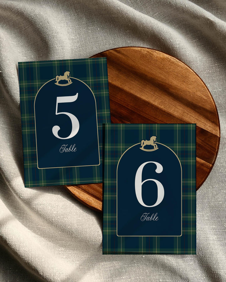 Polo Baby Shower Table Number Template, Vintage Navy Green Gold Rocking Horse Printable #068rl - TheLovebirdsDesign