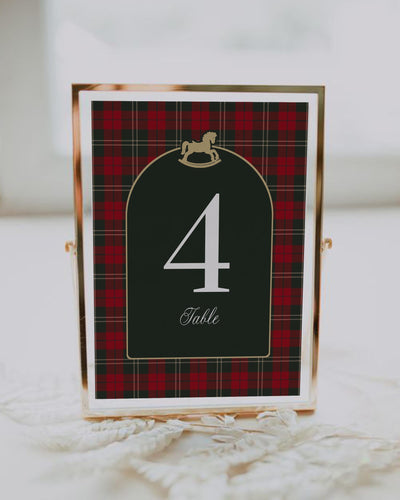 Vintage Rocking Horse Table Numbers, Red Green Plaid Christmas Baby Shower Table Decor #068rh - TheLovebirdsDesign