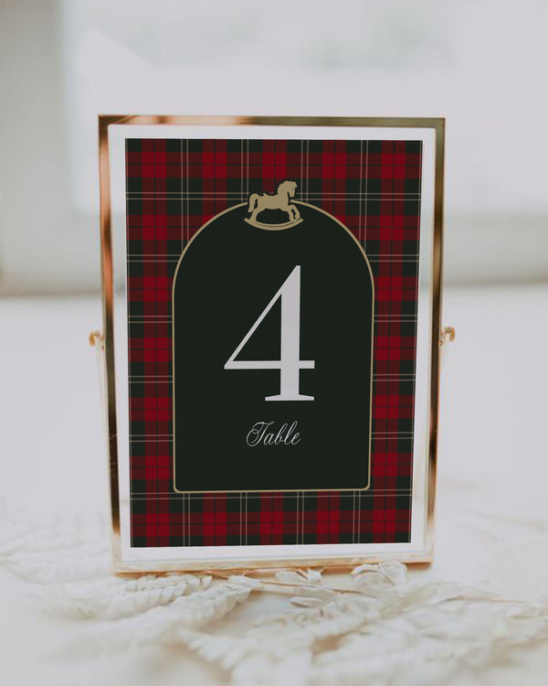Vintage Rocking Horse Table Numbers, Red Green Plaid Christmas Baby Shower Table Decor #068rh - TheLovebirdsDesign