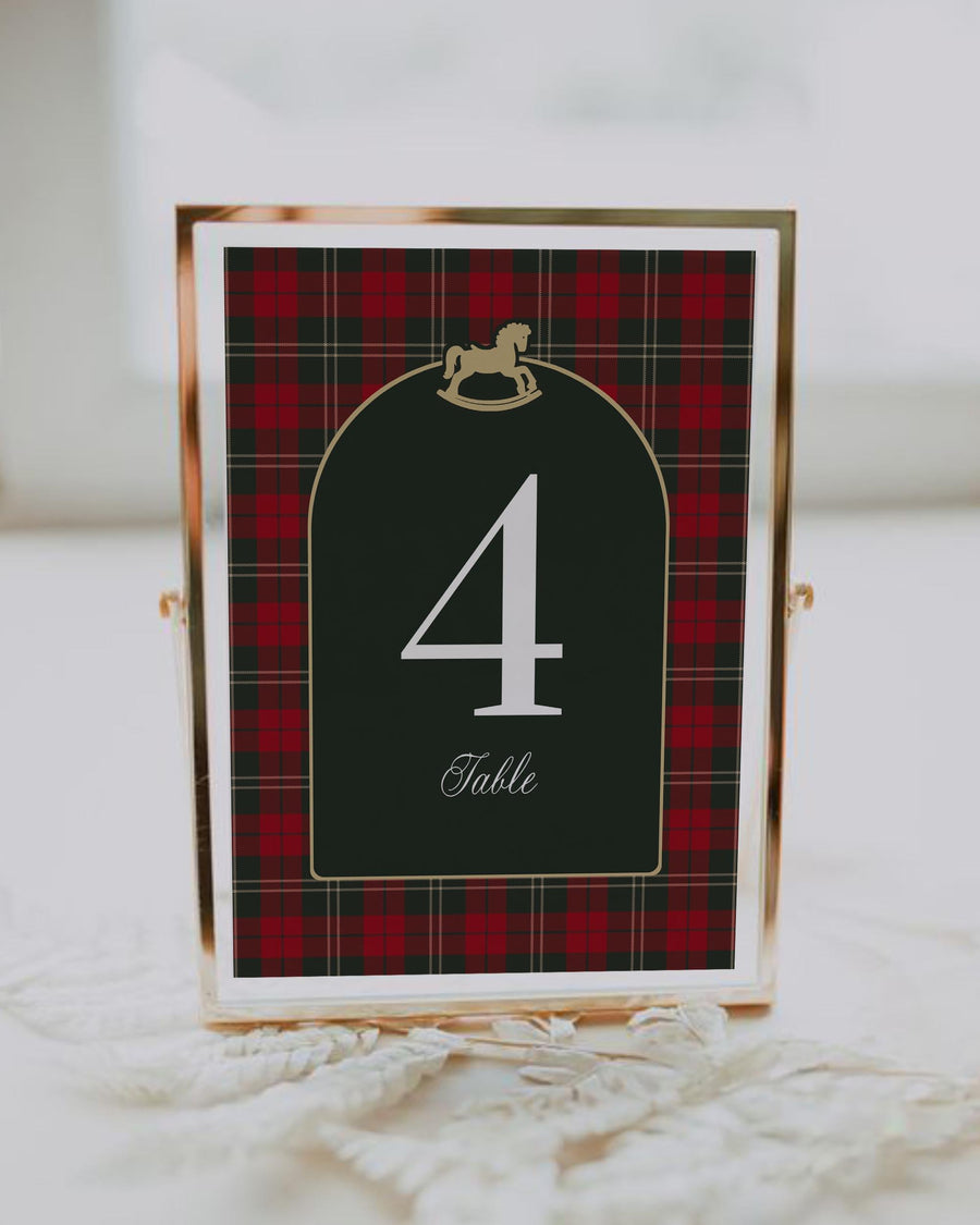 Vintage Rocking Horse Table Numbers, Red Green Plaid Christmas Baby Shower Table Decor 068RH-RE-TBNR - marryful.org