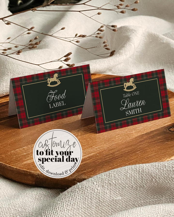 Vintage Rocking Horse Christmas Baby Shower Place Cards, Red Green Plaid Name Card Template #068rh - TheLovebirdsDesign