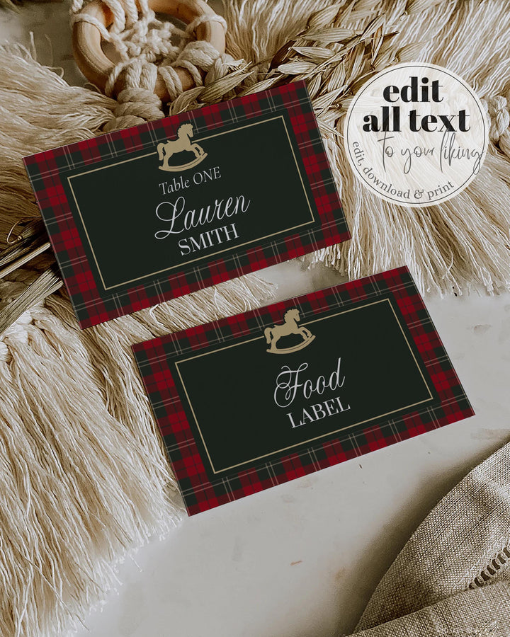 Vintage Rocking Horse Christmas Baby Shower Place Cards, Red Green Plaid Name Card Template #068rh - TheLovebirdsDesign