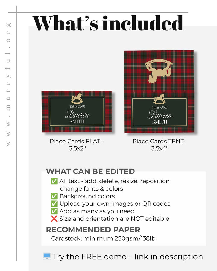 Vintage Rocking Horse Christmas Baby Shower Place Cards, Red Green Plaid Name Card Template #068rh - TheLovebirdsDesign