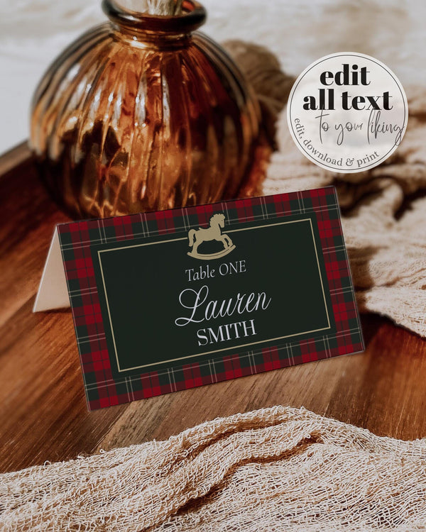 Vintage Rocking Horse Christmas Baby Shower Place Cards, Red Green Plaid Name Card Template #068rh - TheLovebirdsDesign