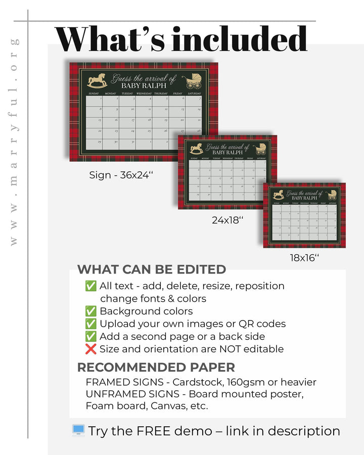 Red and Green Rocking Horse Baby Shower Guess Due Date Game Sign, Vintage Holiday Baby Arrival Template #068rl - TheLovebirdsDesign