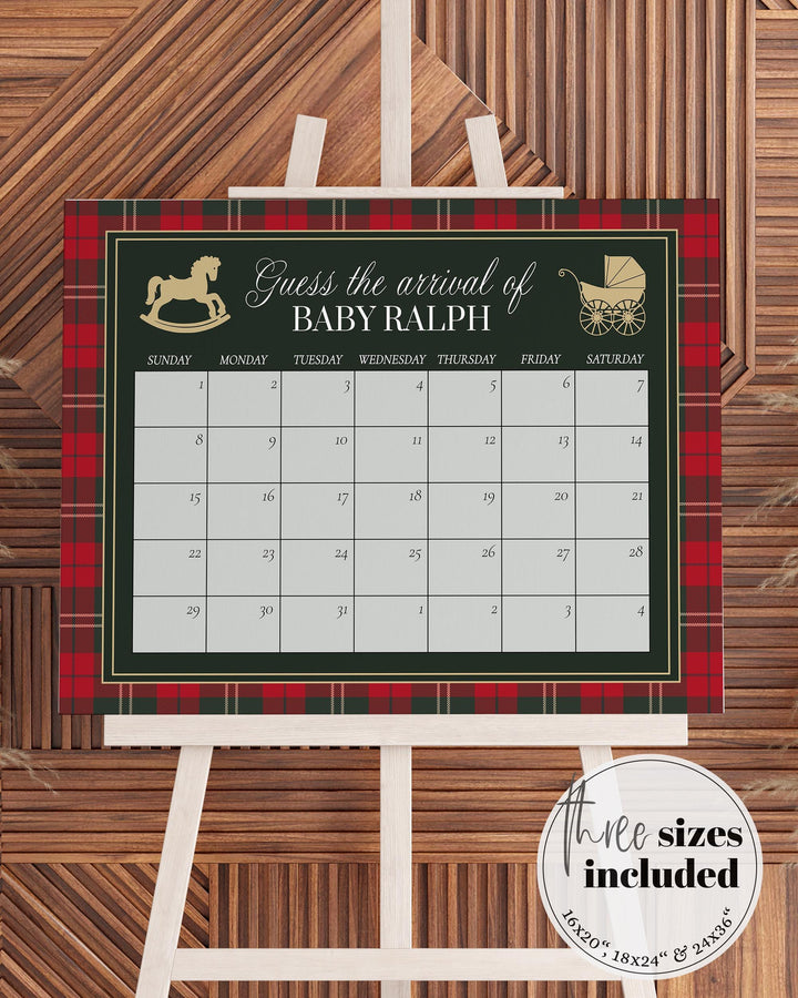 Red and Green Rocking Horse Baby Shower Guess Due Date Game Sign, Vintage Holiday Baby Arrival Template #068rl - TheLovebirdsDesign