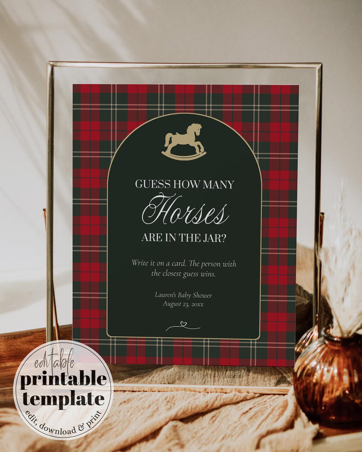 Red and Green Rocking Horse Baby Shower Game, Guess How Many Horses Sign and Card Template #068rh - TheLovebirdsDesign