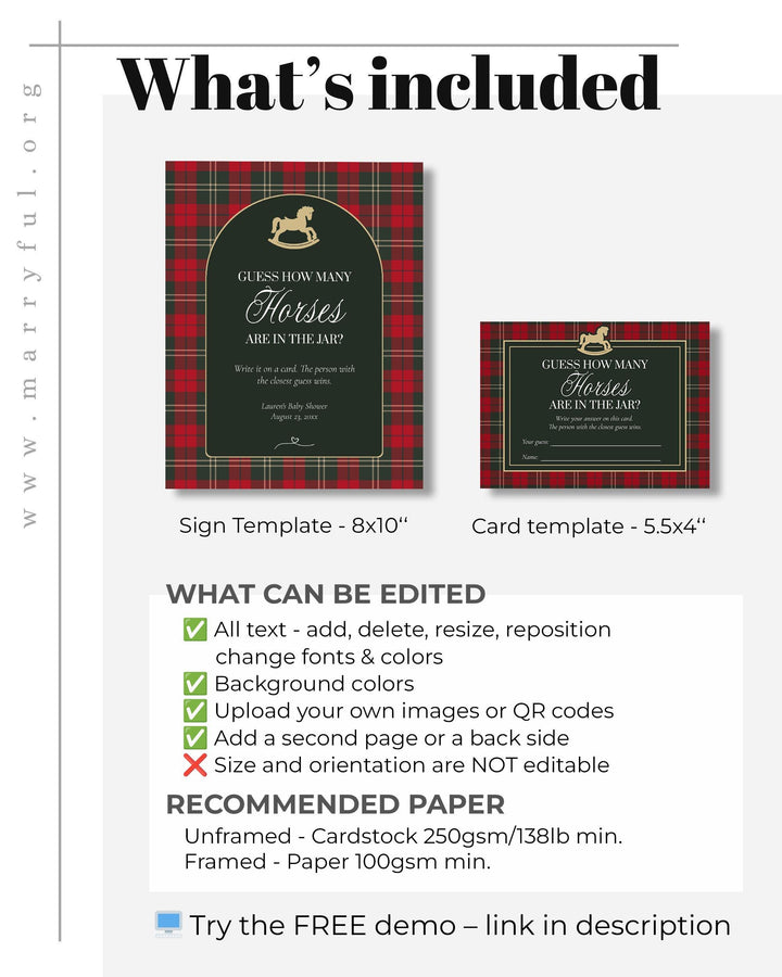 Red and Green Rocking Horse Baby Shower Game, Guess How Many Horses Sign and Card Template #068rh - TheLovebirdsDesign